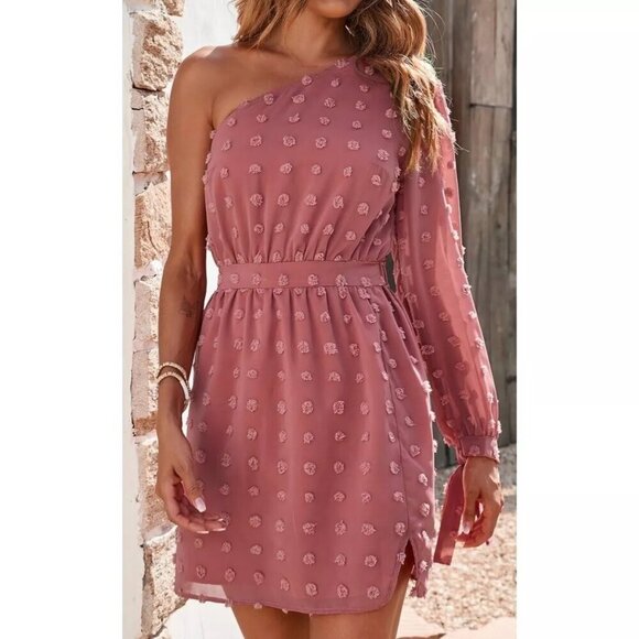BTFBM Dresses & Skirts - Elegant One-Shoulder Pink Mini Dress Women’s Large NWT